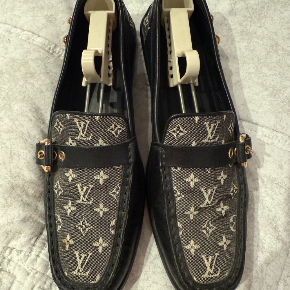 Authentic Louis Vuitton Black and Gray Monogram Slip-Ons